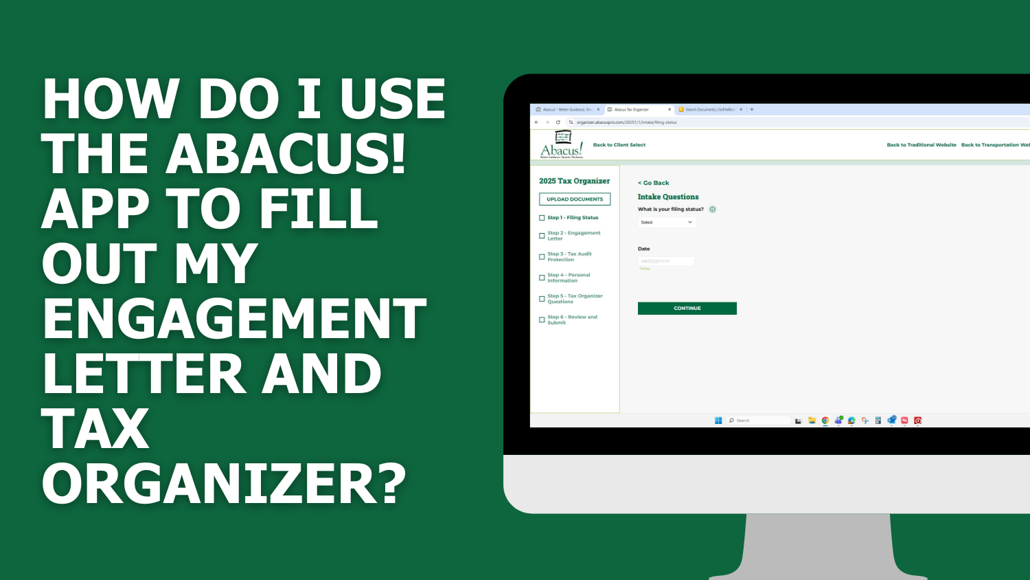 How do I use the Abacus! App (web version) to fill out my Engagement Letter and Tax Organizer?
